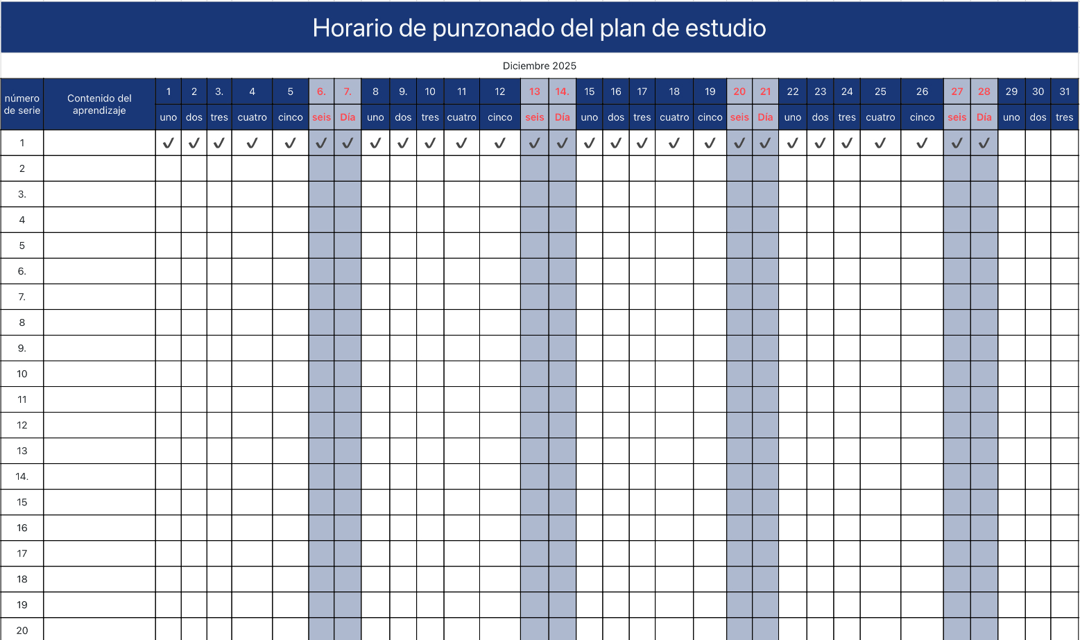 Horario de punzonado del plan de estudio